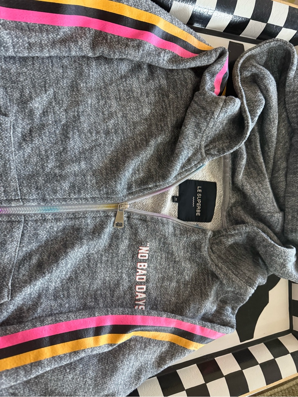 Le Superbe Women's 'No Bad Days' Gray Zip Hoodie with Pink & Yellow Stripes - Picture 8 of 11